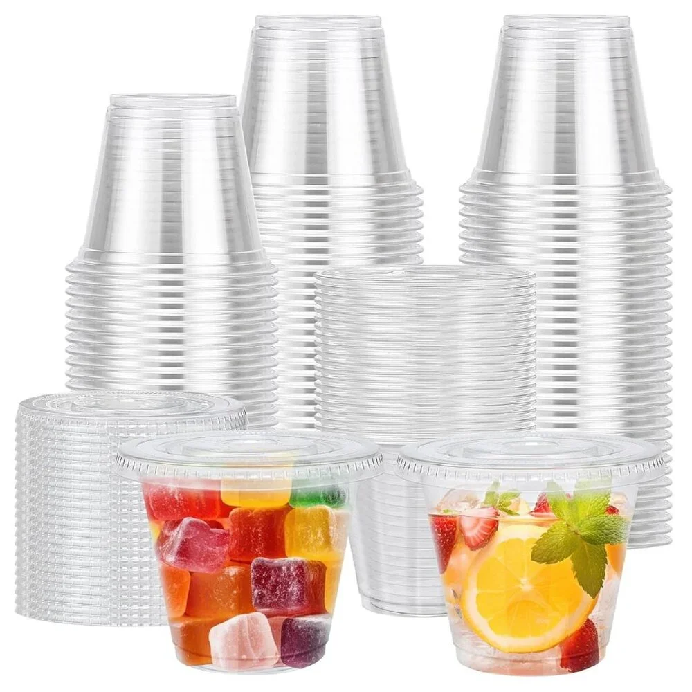 Pack of 100 StackMan 5.5 oz clear premium-quality plastic cups with flat lids
